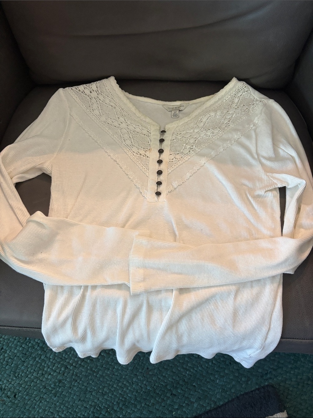 Lucky Brand Cream Lace-Trim Long Sleeve Henley